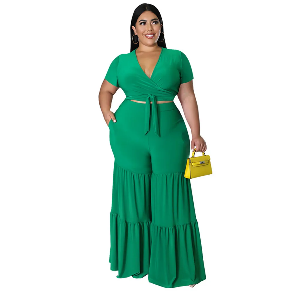 Wmstar Plus Size Pants Sets Two Piece Outfits Summer Holiday Solid Bandage Top Wide Leg New Matching Suit Wholesale Dropshipping