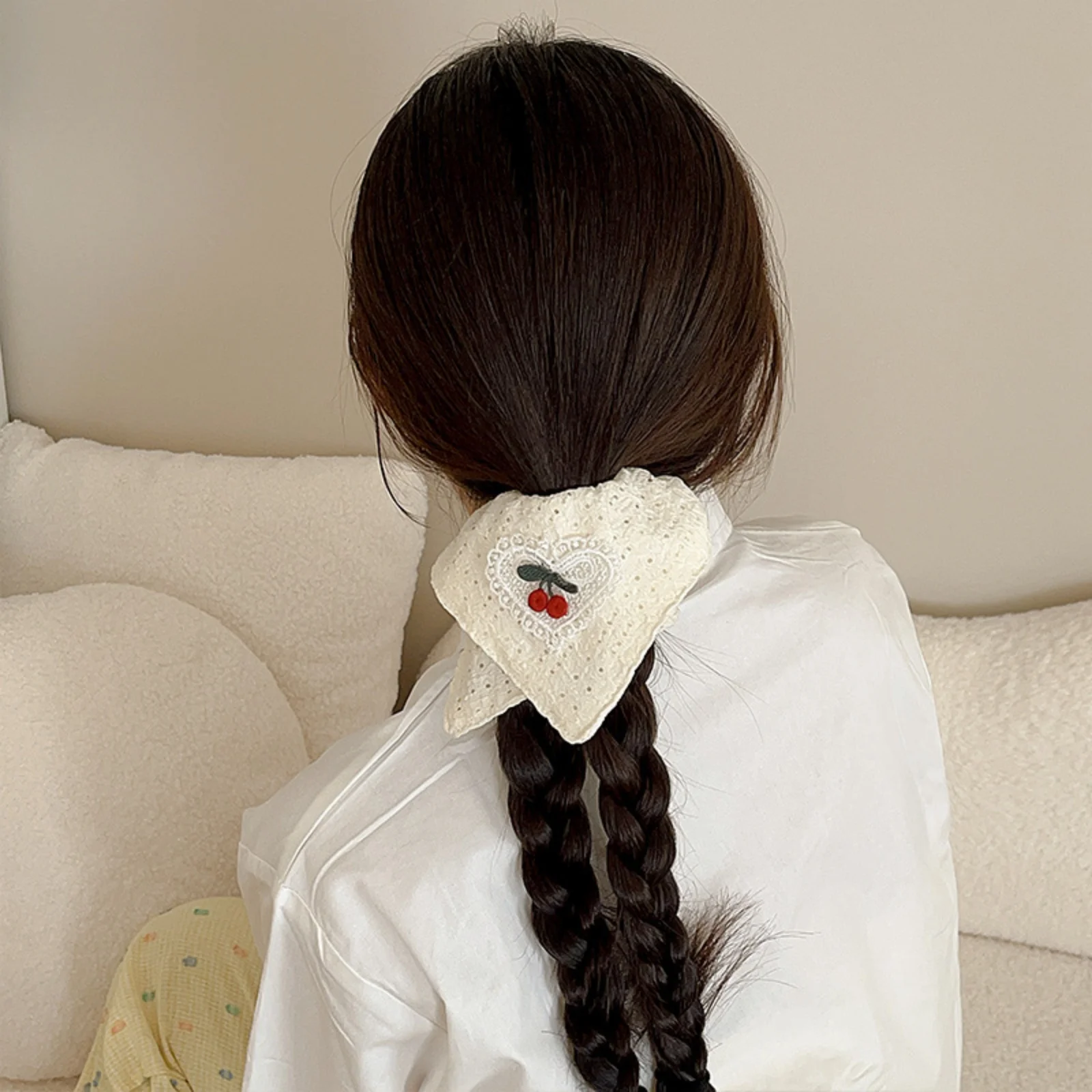 White Eyelet Scrunchies with Cherry Embroidery, Bow Hair Ties, Cute Girl Hair Accessories, Ideal for Ponytails