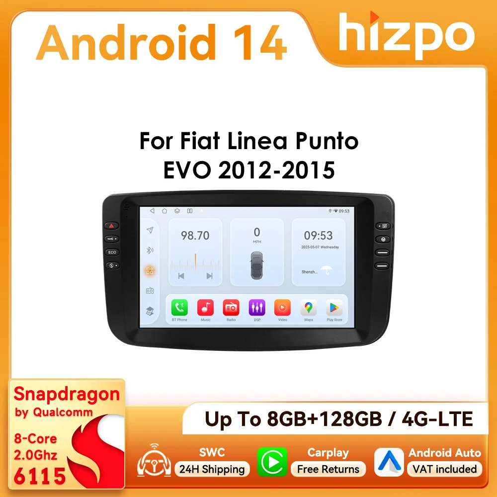 9" Hizpo 2Din Android14 Autoradio für Fiat Linea Punto EVO 2012 - 2015 Auto CarPlay 4G BT DSP RDS SWC Snapdragon 6115 Steuergerät