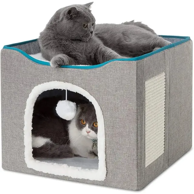 Large Cat Bed with Fluffy Ball Hanging and Scratch Pad Double Layered Foldable Cat Beds for Indoor Cats Sleeping All Seasons 1