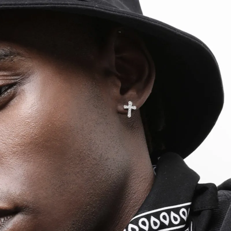 Silver Color Shiny Zircon Cross Stud Earrings for Women Men Punk Rock Style Earring Hiphop Ear Jewelry