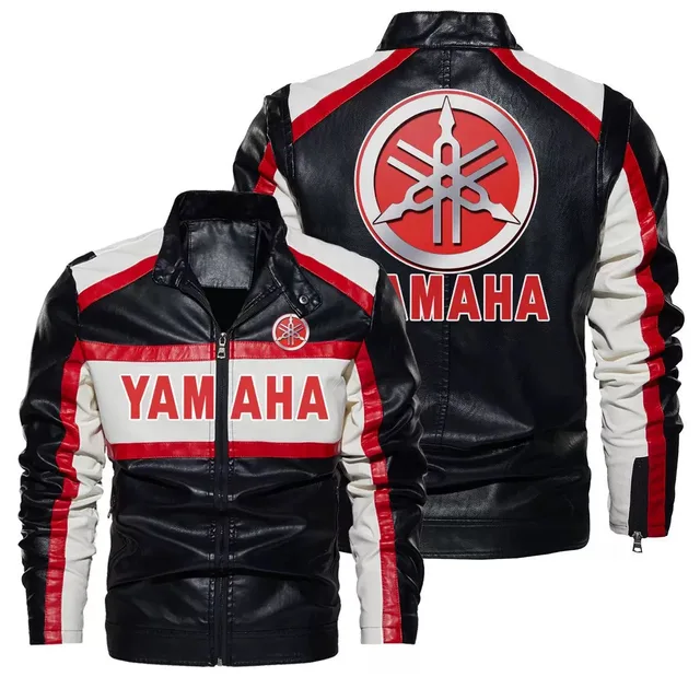 New Yamaha windproof motorcycle leather jacket with zipper style, featuring contrasting color elements, men's motorcycle jacket
