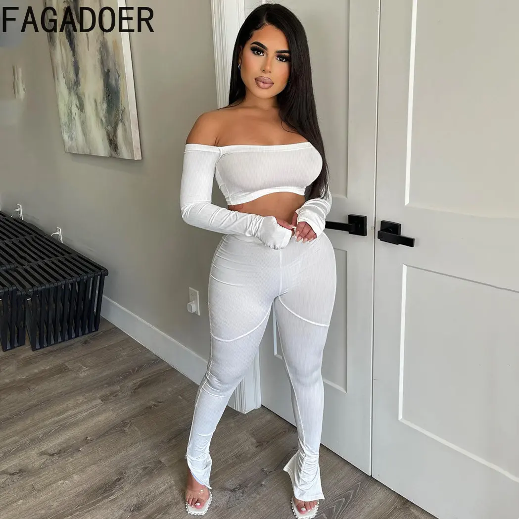 FAGADOER Off Shoulder 2 Piece Set Womens Sexy Outfits Rib Long Sleeve Crop Top Ruched Side Slit Pants Skinny Club Party Outfits