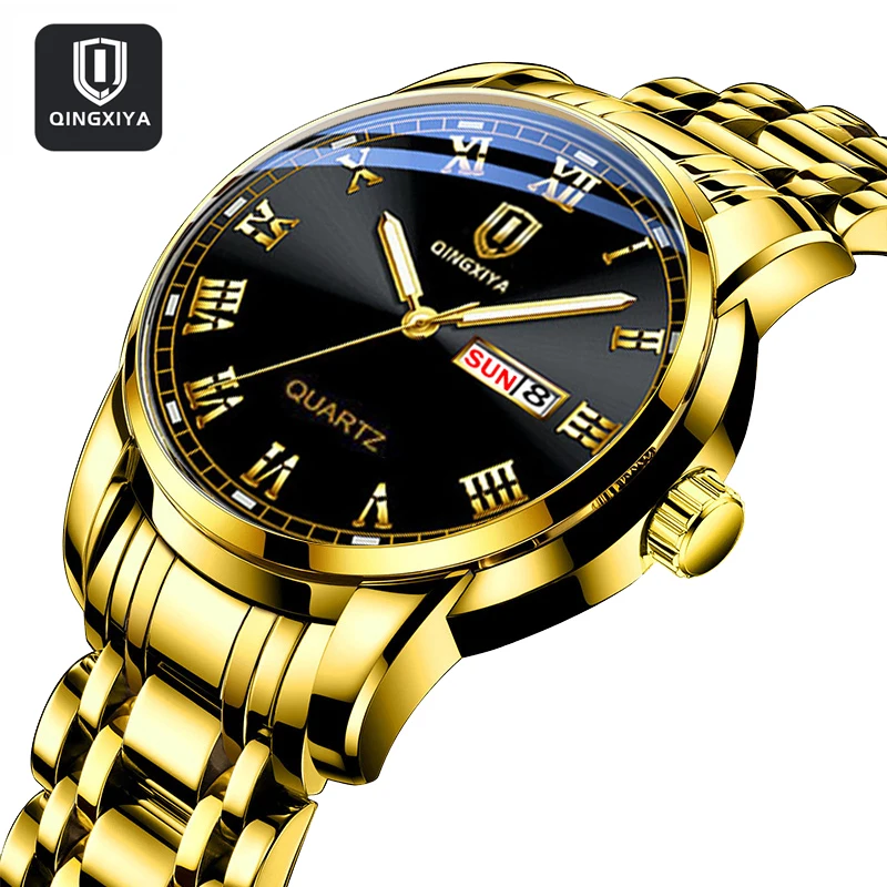 

QINGXIYA Fashion Mens Quartz Watches Top Brand Luxury Gold Stainless Steel Strap Waterproof Luminous Week Date Watch for Men
