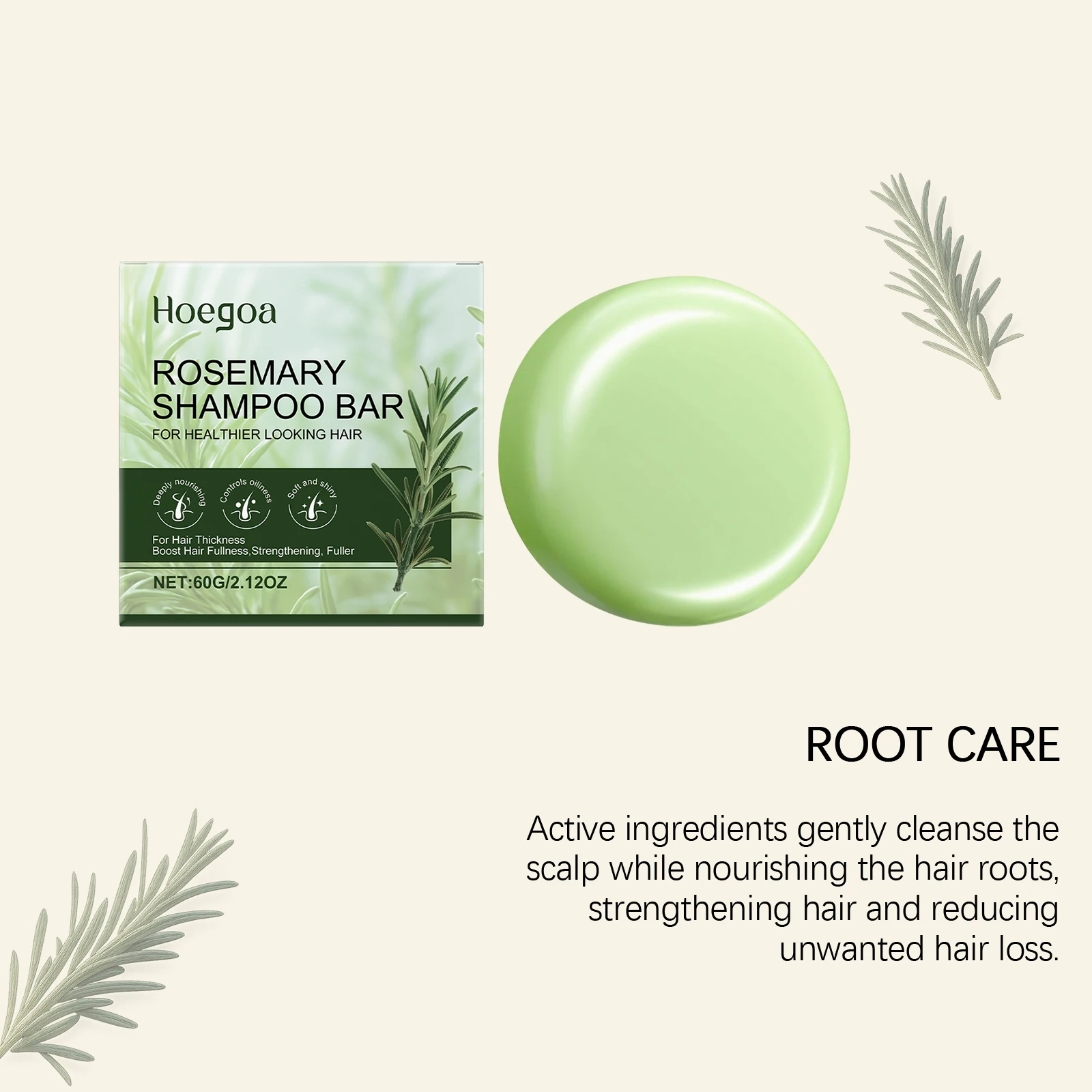 Rosemary Gentle Cleansing Shampoo Bar - Soap Bar for Smoothing, Adding Shine, Nourishing & Caring, Refreshing & Non-Greasy