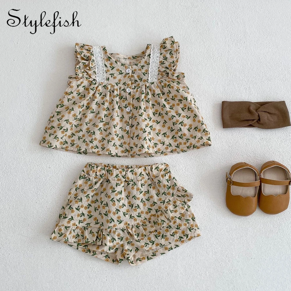 

Детский летний костюм из двух предметов, топ с цветочным рисунком и юбка и шорты, 100% хлопок