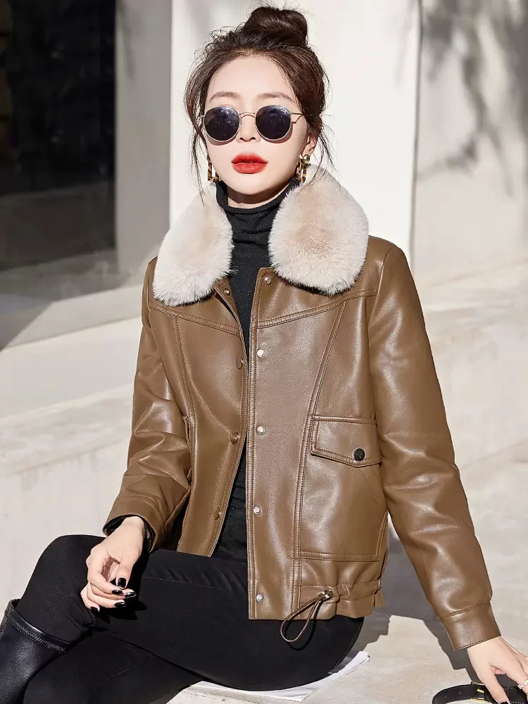New Women Leather Jacket Autumn Winter Casual Fashion Fur Collar Plus Velvet Lining Thicken Leather Coat Loose Warm Outerw