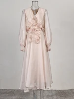 فستان IEQJ عتيق بفتحة رقبة على شكل حرف v مزين بالزهور ثلاثي الأبعاد للنساء فساتين بأكمام واسعة موضة 2023 ملابس ربيع جديدة CP0883 1