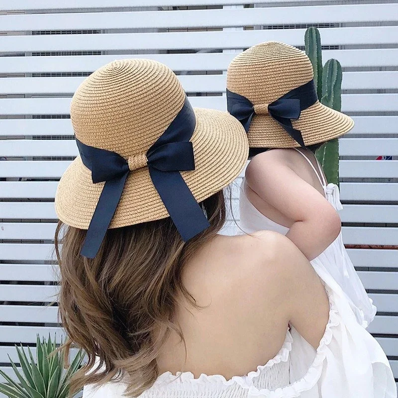 2pcs Summer Sun Protection Hat for Mother&Kids Travel Sunscreen Sun Hat Straw Hat Children's Korean Version Girls Beach Dome Hat
