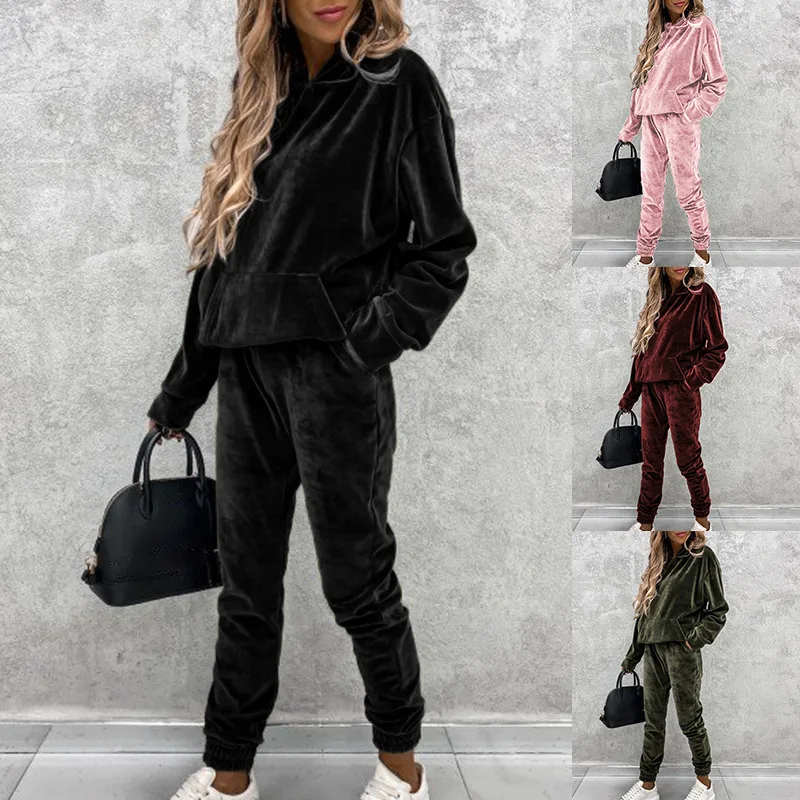 

2023 Winter New European and American Solid Hooded Sport Casual Silver Fox Plush Set for Women