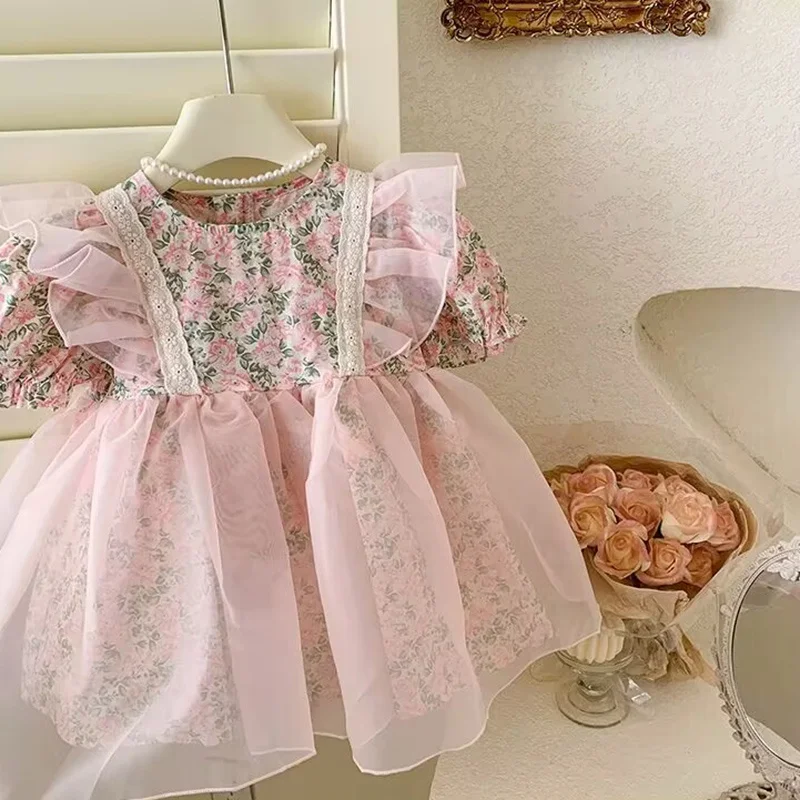 Sommer Mädchen Blumen kleider für Hochzeits feier 1-6y geschwollene Spitze elegante Prinzessin Kleider für Mädchen Geburtstag Ballkleider Freizeit kleid