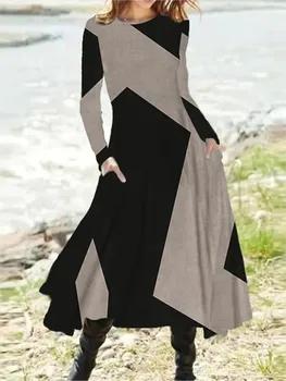 Women's Autumn Winter New Casual Retro Style Fashionable Geometric Print Long Sleeved Round Neck Oversized Swing Long Skirt 1