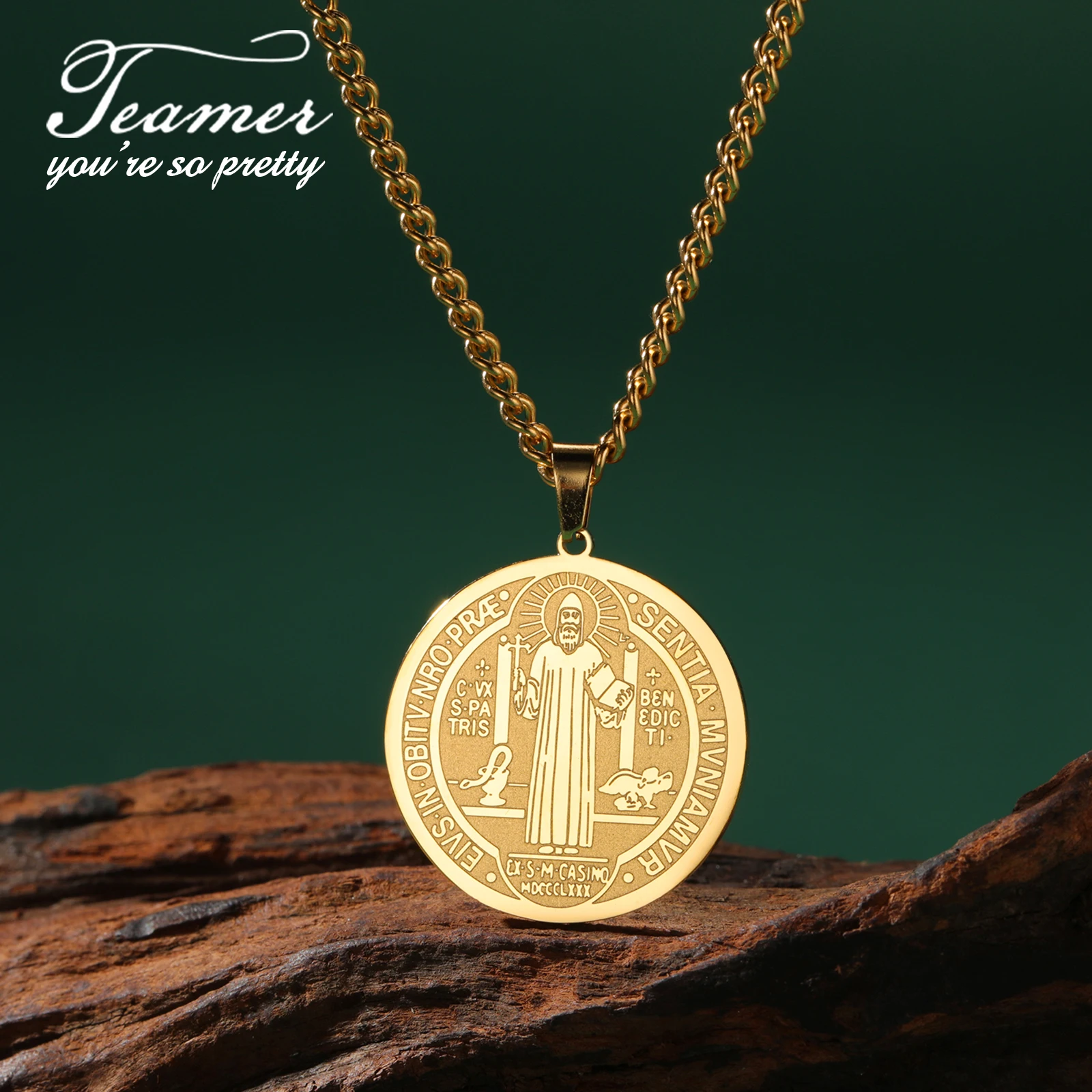 Teamer Catholic Saint Benedict Medallion Pendant Necklace Men Women Stainless Steel San Benito Collares Choker Jewelry Gifts New