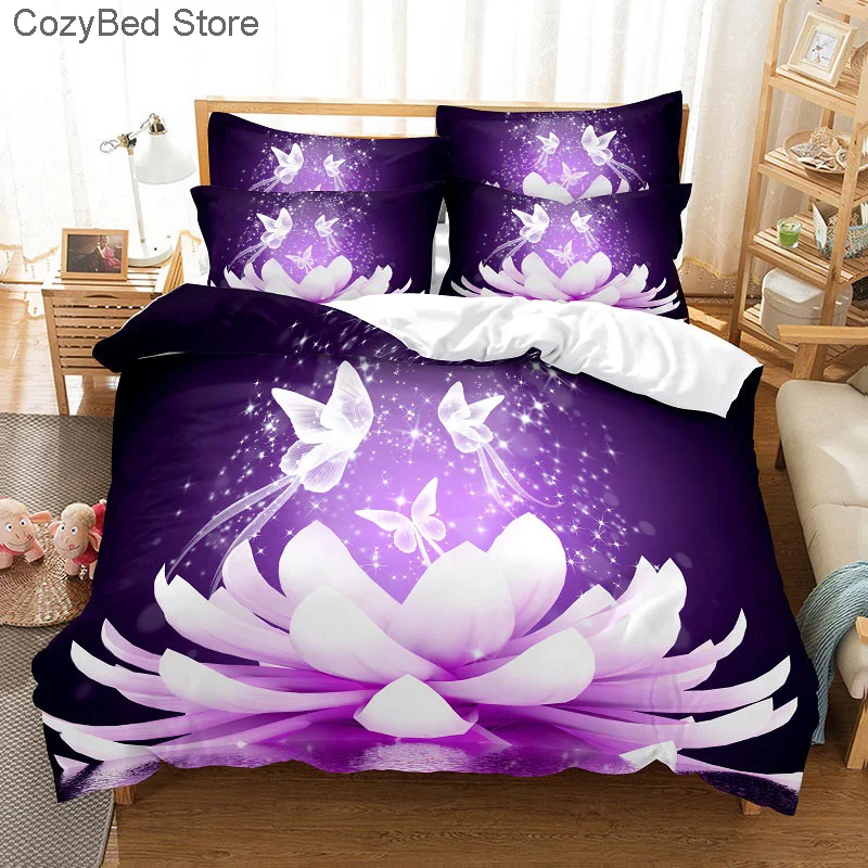 Purple Bedding Set Linens Duvet Cover Bed Quilt Pillow Case 3D Comforter Lavender Butterfly Double Full King Queen Twin Single