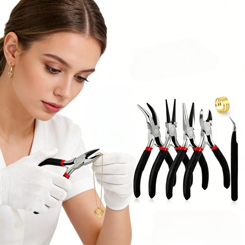 6pcs Black jewelry making tool, metal jewelry pliers set, including round nose pliers/wire cutters/open ring pliers/pointed nose pliers, handmade jewelry making tool, professional jewelry repair tool, ergonomic handle, anti slip and durable design