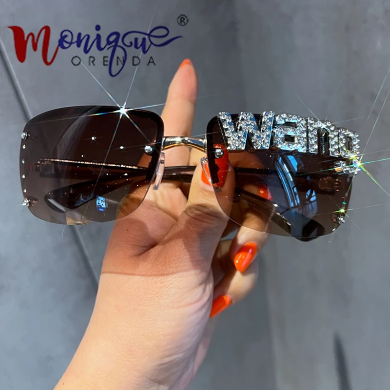 

Luxury Punk One Piece Rimless Sunglasses Brand Designer Diamond WANG Sun Glasses y2k Silver Men Fashion Shades Eyewear
