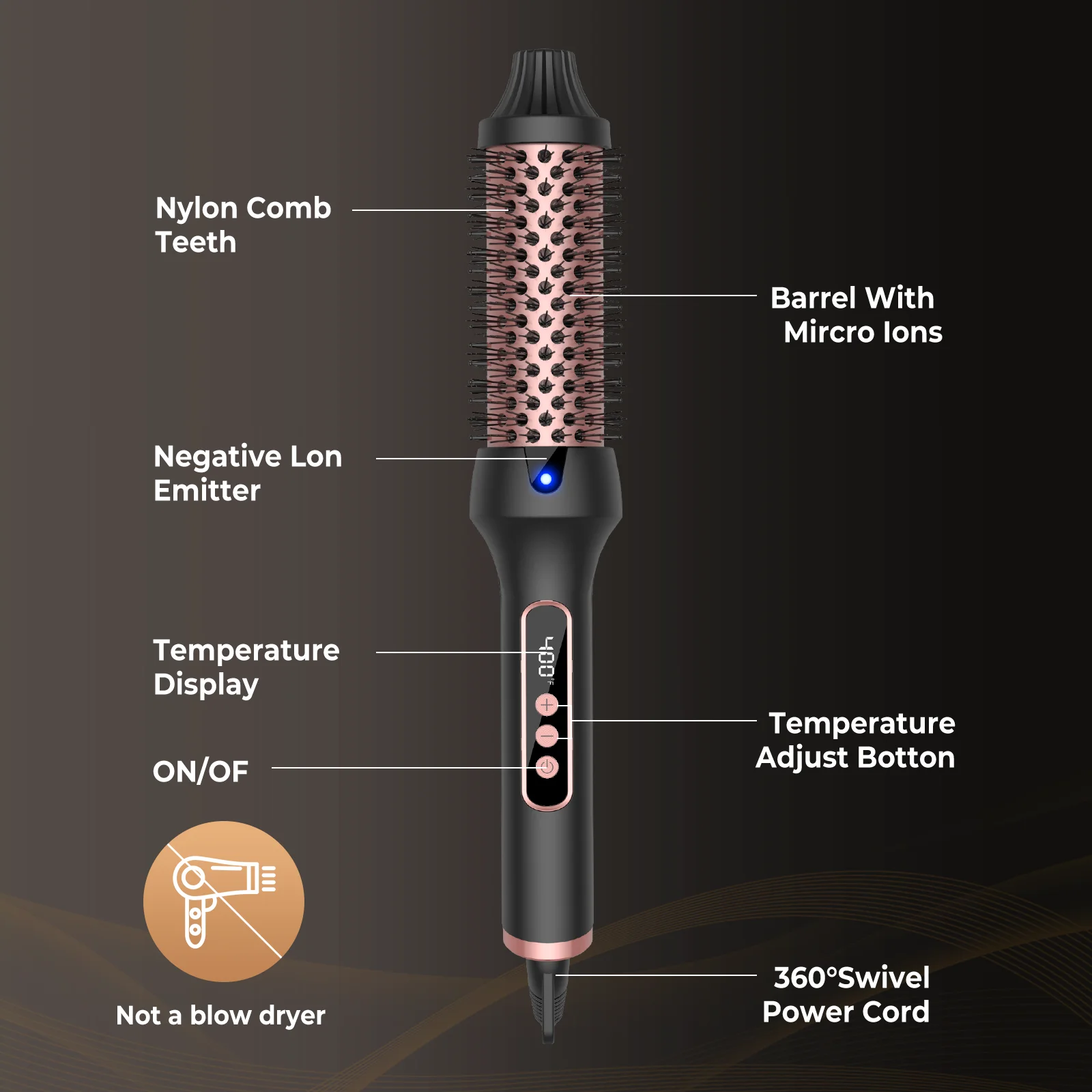 Thermal Brush Hot Air Brush&volumizer Hair Curler Straightener Hair Styling Brush Professional Curling Iron Heated BLACK