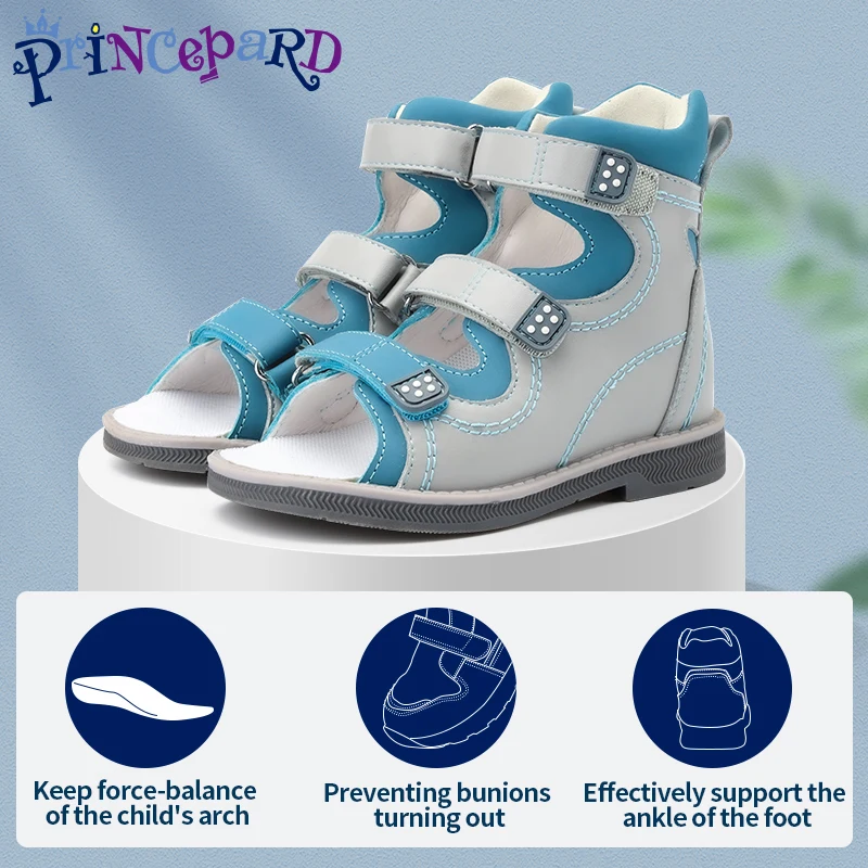 

Children's Shoes Girls Boys Ankle-Wrap Orthopedic Sandals Summer Leather Pink and Blue High-Top Arch Support Correcting Feetwear