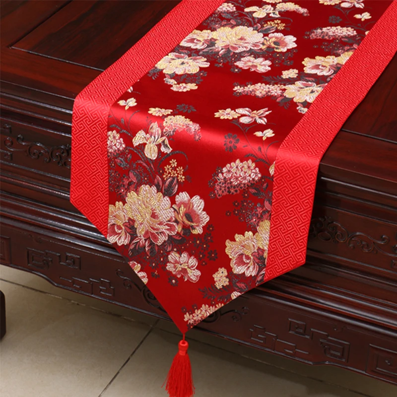 chinês tradicional cetim corredor de mesa floral dragão phoenix padrão luxo decoração do casamento tassel rendas capa de mesa peça central
