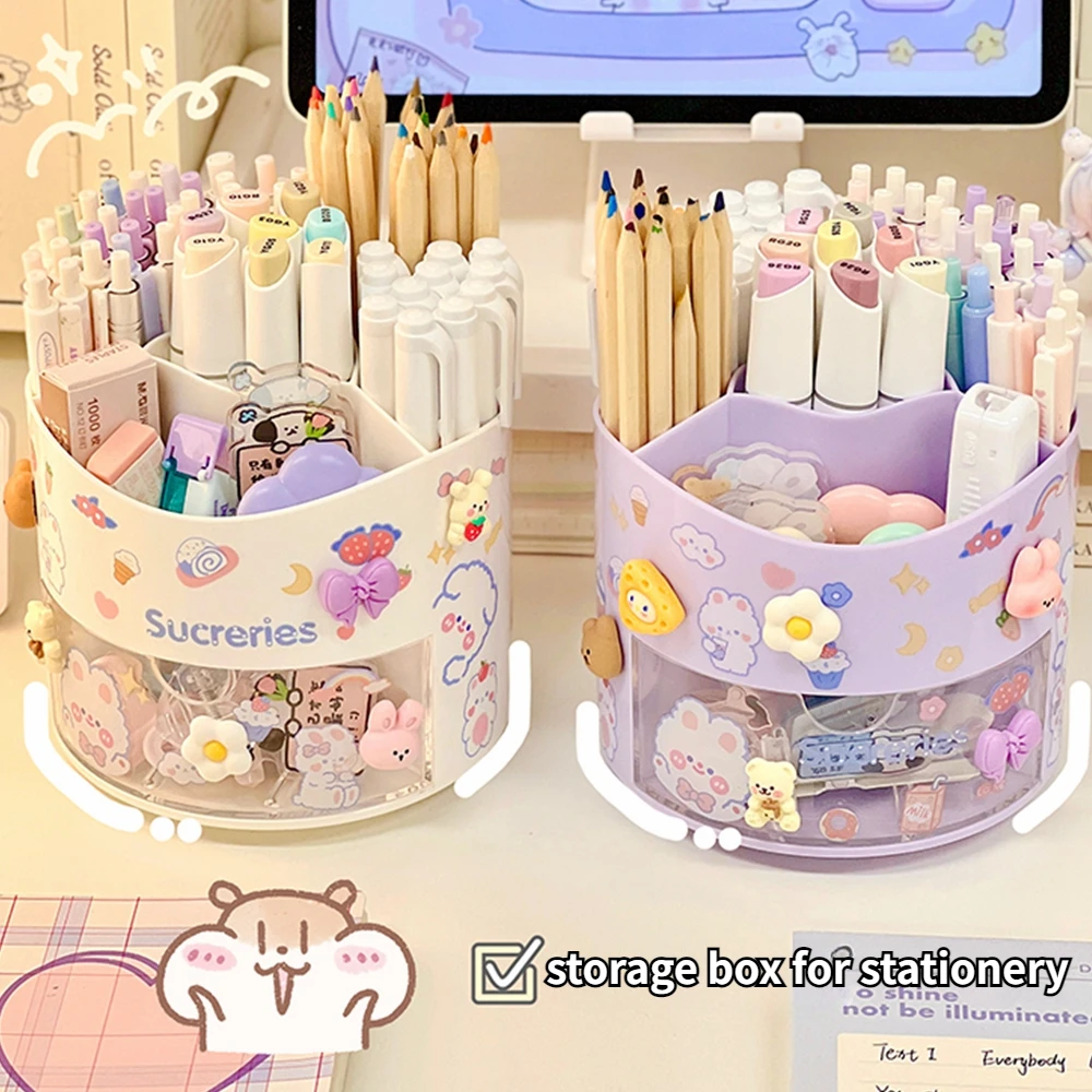 Pen Holder Cute Rotating Desktop Drawer Stationery Box Case School Office Desk Kawaii Storage Box Organizer Stickers