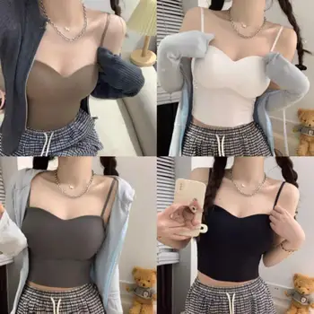 Women Crop Tops Sexy Solid Color Camisole Ice Silk Tube Top Seamless Sports Tank Top Wireless Underwear Padded Bra Bralette Vest