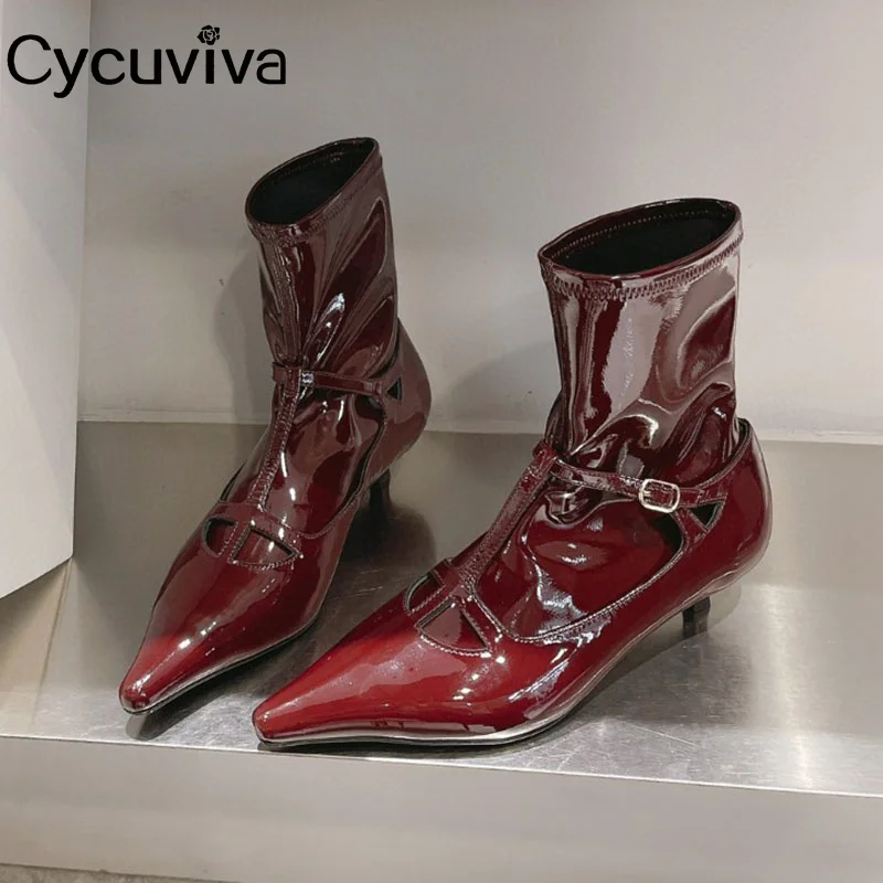 

New Patent Leather Kitten Heels Ankle Boots For Women Point Toe Modern Short Boots Autumn Party Shoes Woman Botas Mujer
