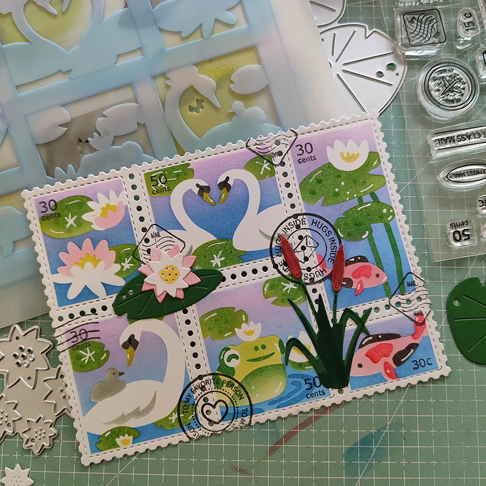 Lucky Postage Collage Stencil for Card making Cutting Die and Clear stamp set for Spring Farm Card Making Scrapbooking Dec