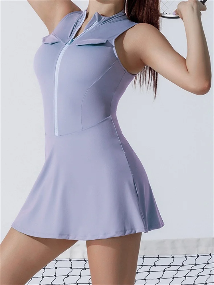 Sleeveless Zipper Workout Tennis Dress Women Fashion Athletic Slim Breathable Fitness Golf Badminton One-piece Sports Skirt Set