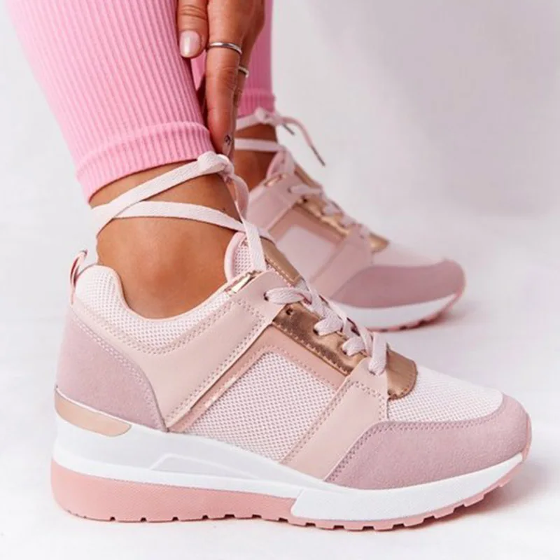Women Shoes Breathable Leather Lace-Up Sneakers Wedge Sports Shoes