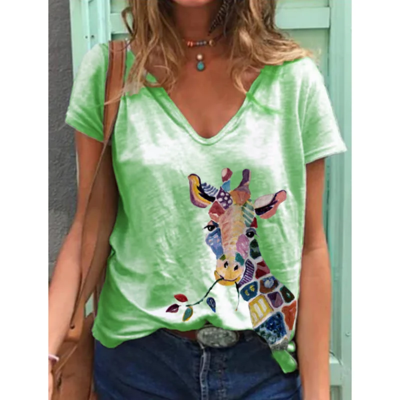 

Women's T-shirt Giraffe 3d Printing V-neck Women's Tops Summer Ladies Animal Cartoon Cute Casual Fashion Loose Short-sleeved