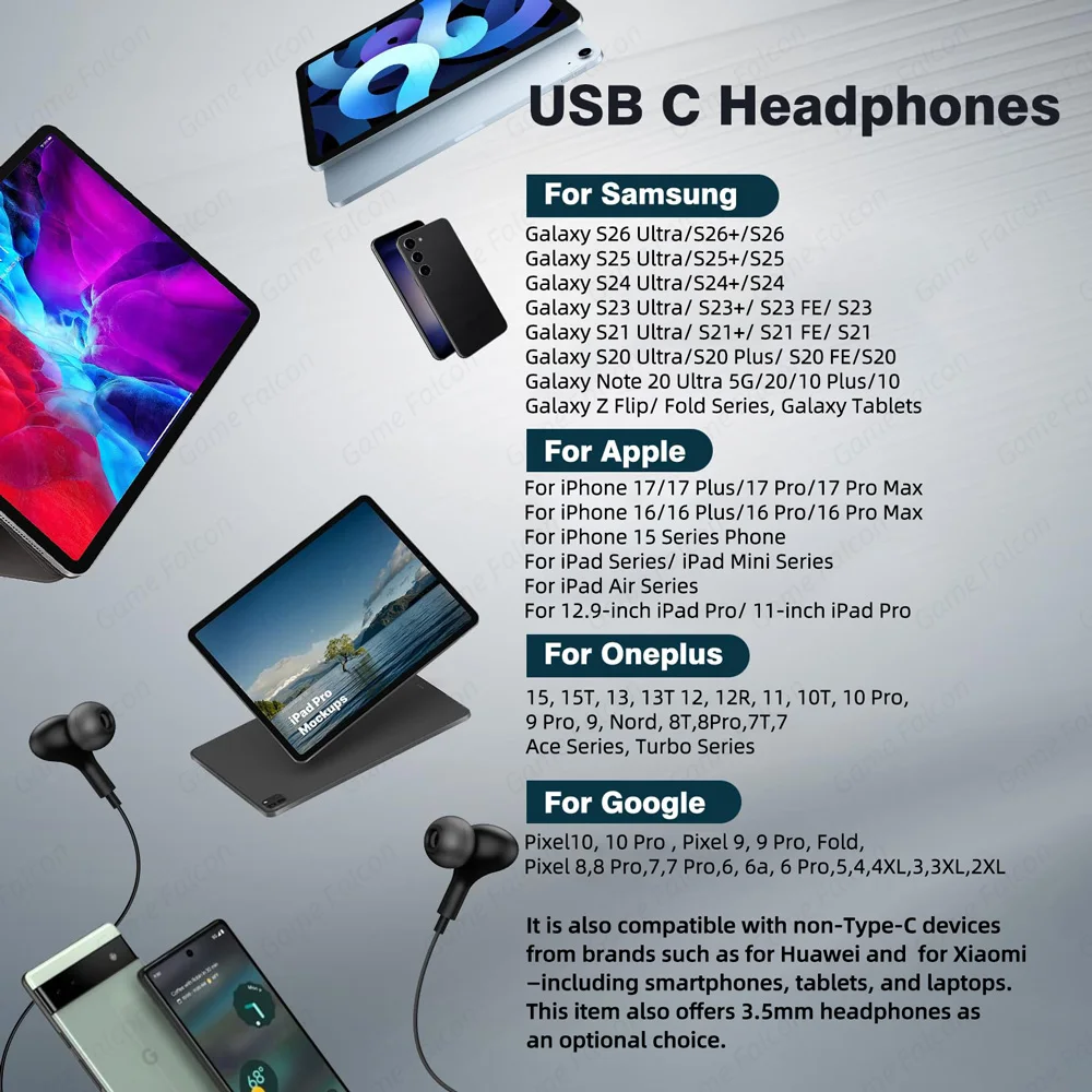 Magnetic Noise-Canceling USB C Wired Earbuds with Mic