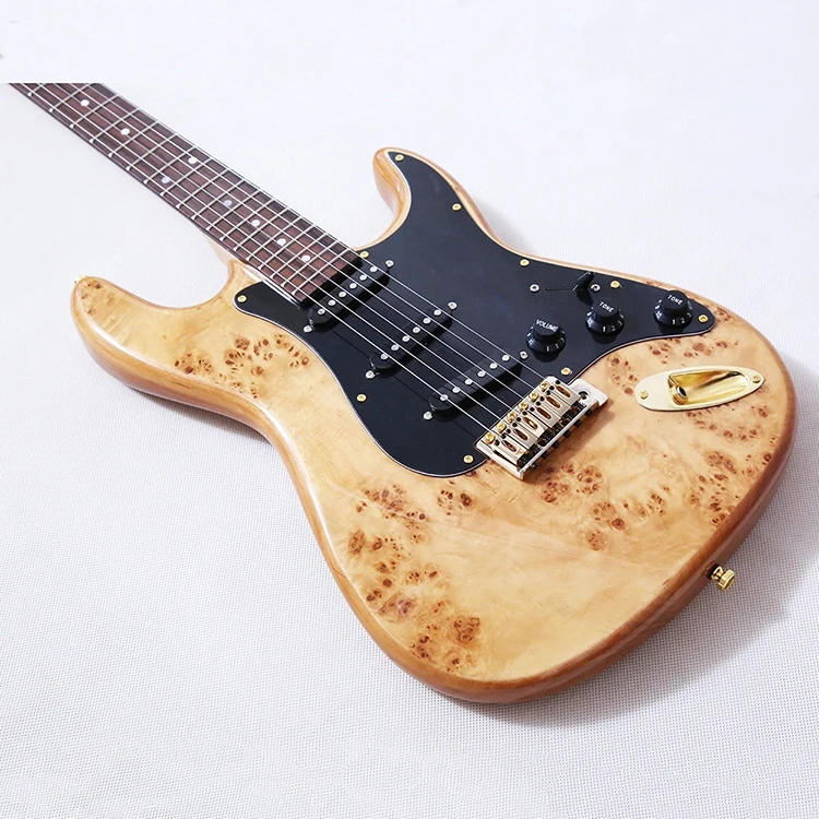 

Custom High Quality Burl wood Top customize ST Guitar with Black pickguard for Wholesale