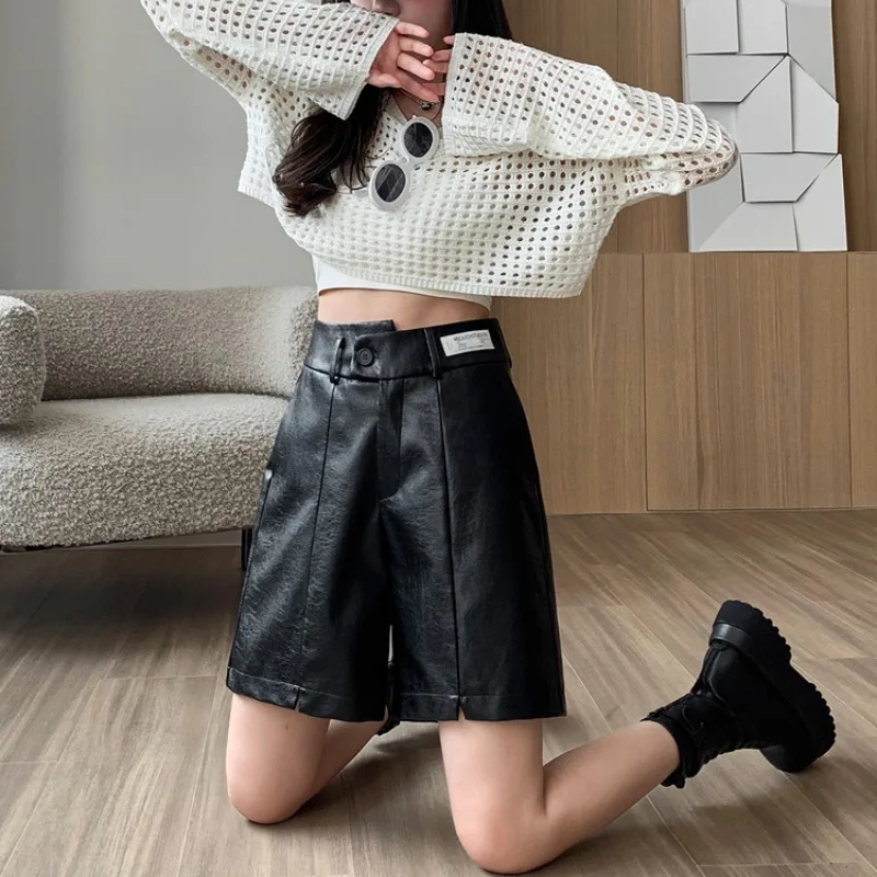 하이웨이스트 슬림핏 가죽 바지, 루즈한 스트레이트 레그 와이드 반바지, 단색 여성복, 한국판, 2024 가을