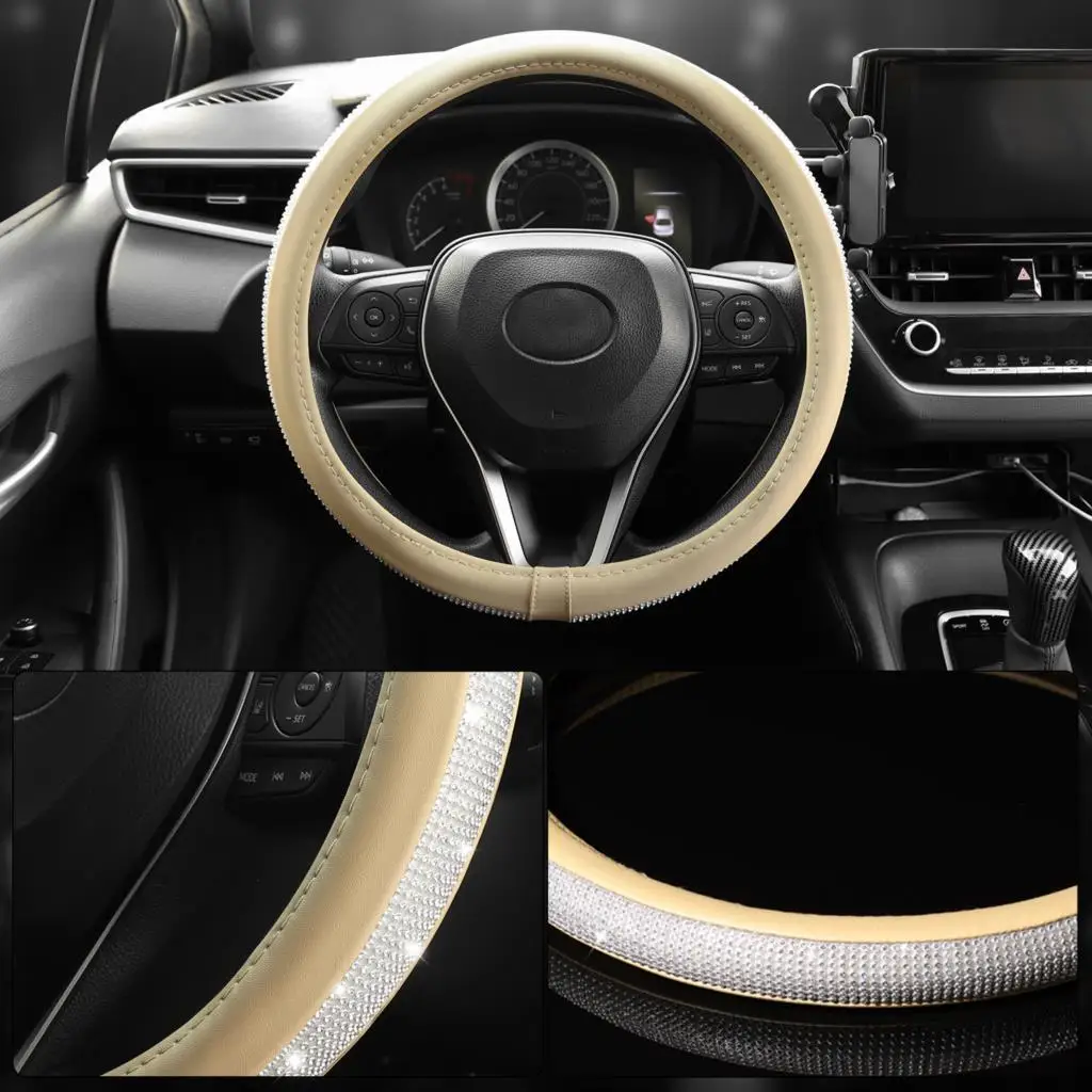 Universal 38 cm 15 zoll Beige Bling Diamant Auto Lenkrad Abdeckung Kristall Strass Funkelnden Nicht-slip Auto Zubehör – Detail 1