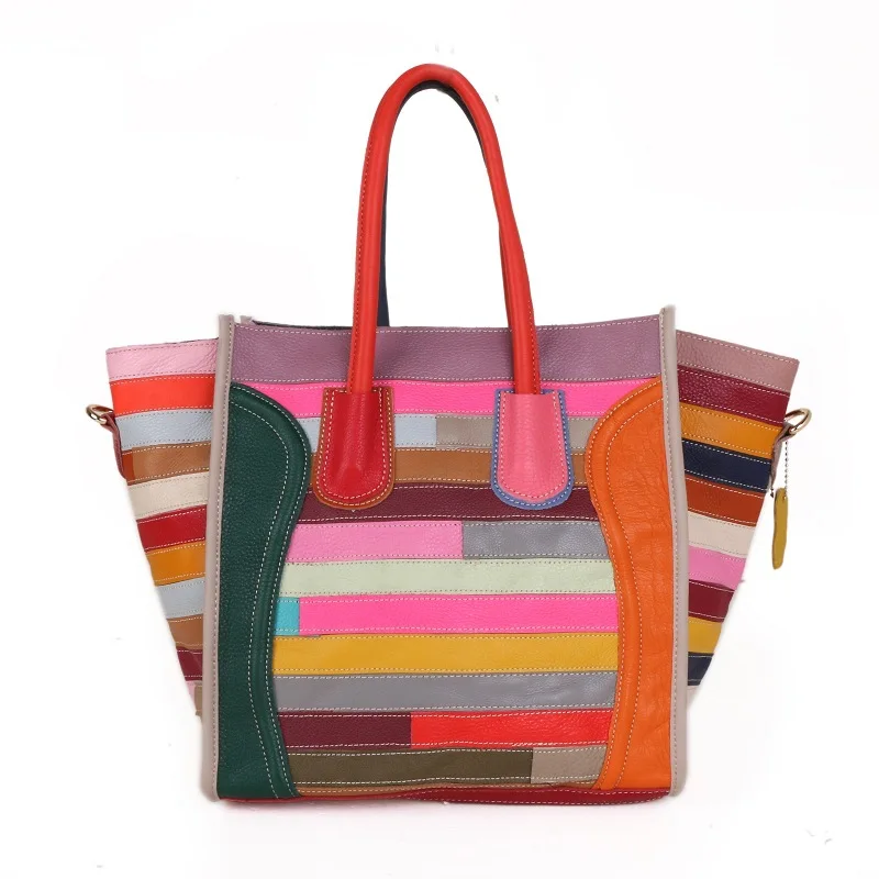 

Women's Genuine Leather Bags Colorful Lattice Patchwork Top-handle Bags Elegant Leather Handbags Designer Shoulder Bags Female