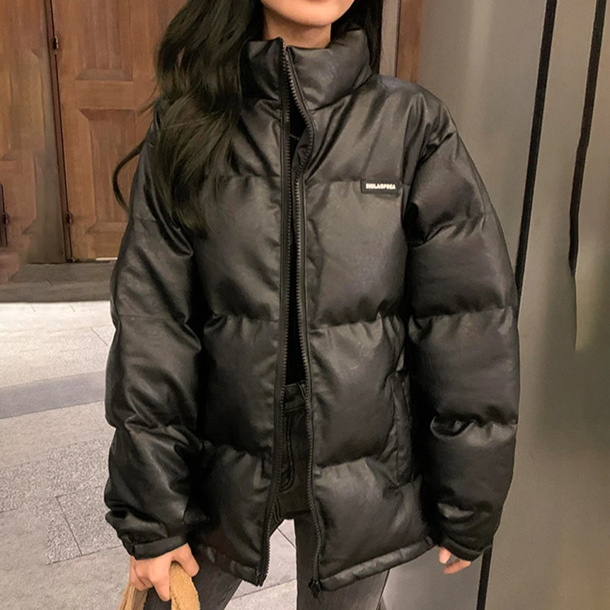 

Autumn And Winter New Black Cotton Coat Women's Design Sense Small Crowd Thickened PU Leather Cotton Coat Trend Coat