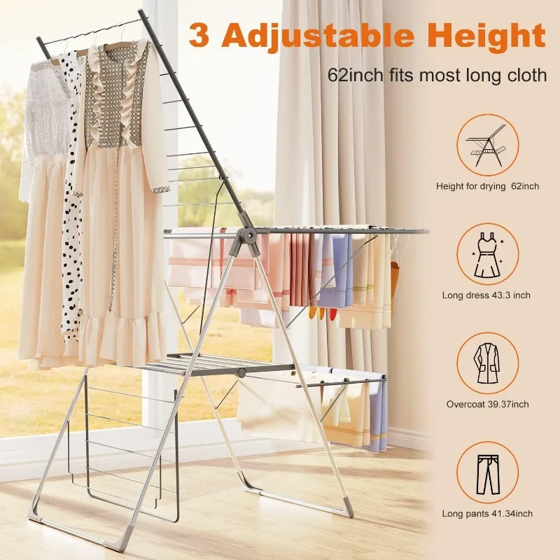 Clothes Drying Rack Foldable, Stainless Steel Drying Rack Clothing for Indoor Outdoor, Easy To Fold 3