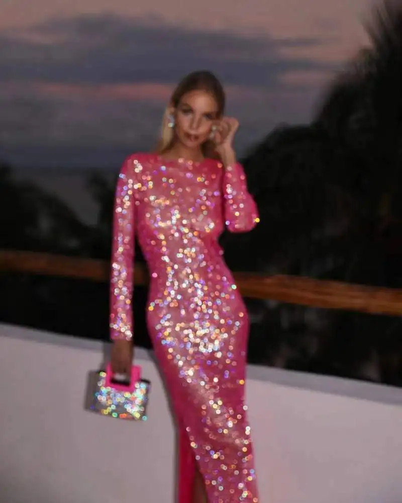 Sexy See Though Shiny Silk Dress Pink High Waist Slit Slim Fit Long Party Dresses Fashion Solid Sequins Elegant Dress for Women