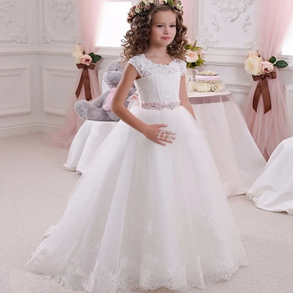 Flower Girls Dresses for Wedding See Through Beaded Puffy Little Girls Pageant Dress Toddler First Communion Gowns