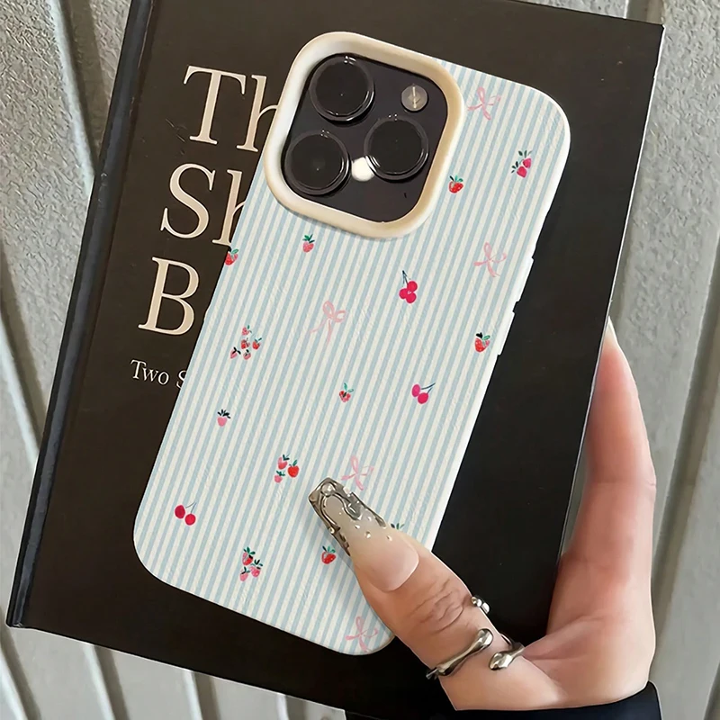 Blue Striped Cherry & Strawberry Pattern Phone Case Cover