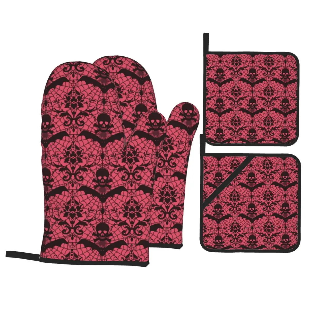 Skull Gothic Occult Oven Mitts and Pot Holders 4pcs Set High Heat Resistant Halloween Skeleton Baking Cooking Gloves Kitchen BBQ
