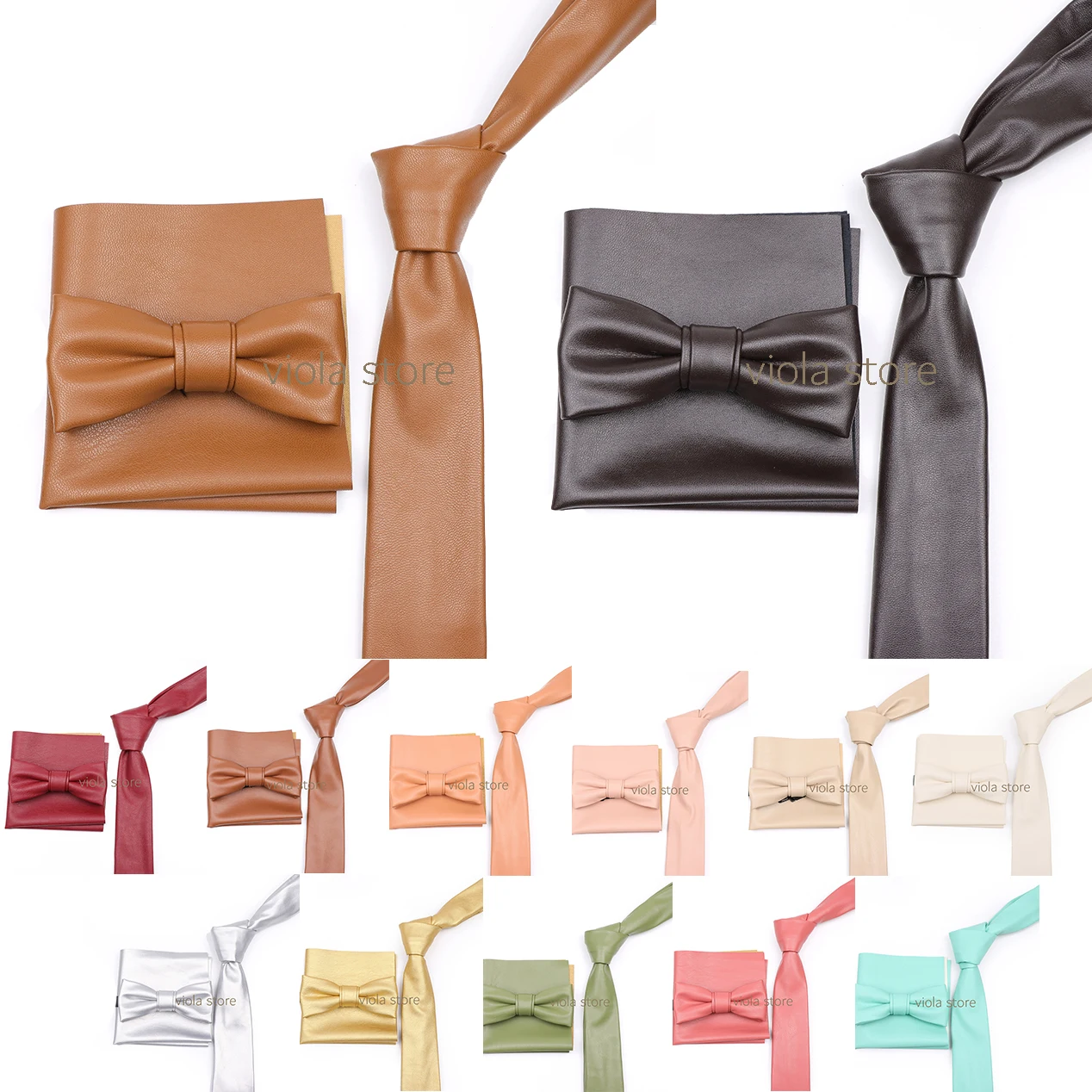 

Classic Beige Pink Vintage Brown Black Green 5.5cm PU Leather Tie Set Bow Hankie Men Skinny Wedding Women Party Cravat Accessory