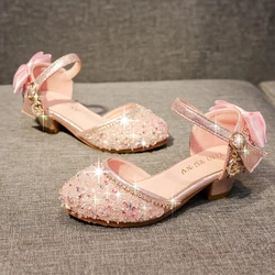 Little Girls Dress Shoes Crystal High Heels Mary Jane Wedding Party Heel Glitter Princess Flower Shoes for Kids Toddler Sandals