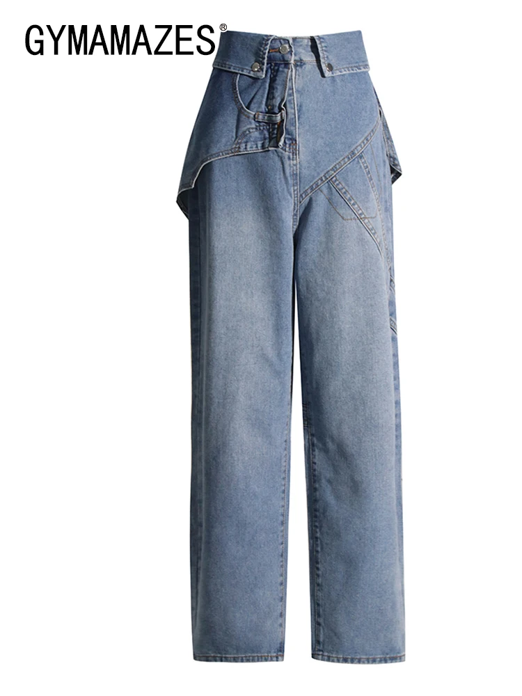 

GYMAMAZES Designer Denim Pants For Women High Waist Patchwork Button Loose High Street Jeans Female Fashion Clothing 2023 New
