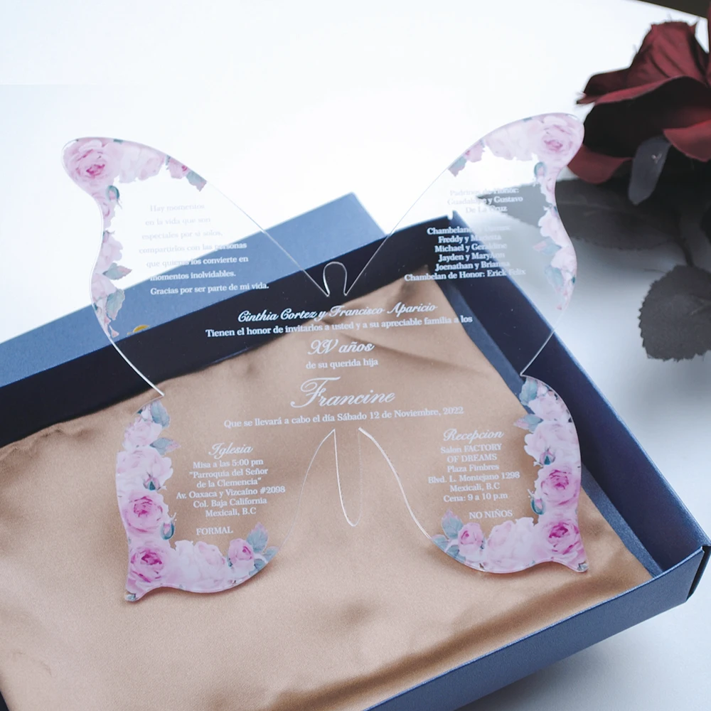 Personalized Butterfly Transparent Acrylic, Custom, Girl Birthday Bar Mitzvah, Wedding Invitation Card, 10Pcs