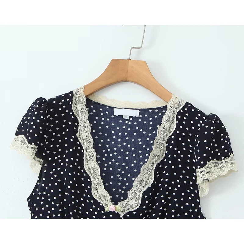 YENKYE 2025 Women Navy Blue Polka Dot Long Dress Lace Trim V Neck Short Sleeve A-line Elegant Holiday Dresses Summe Maxi Robe 3