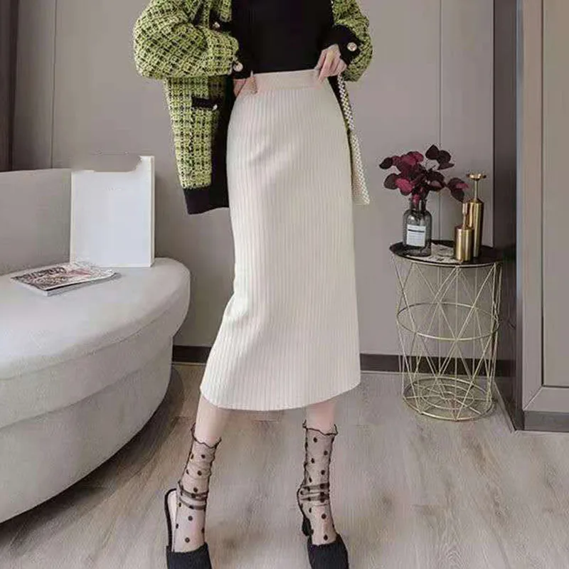 

Skirt Long Winter Autumn Knitted Women Solid Stretchable Mid Pencil Female Korean High Waist One Step Faldas Clothing