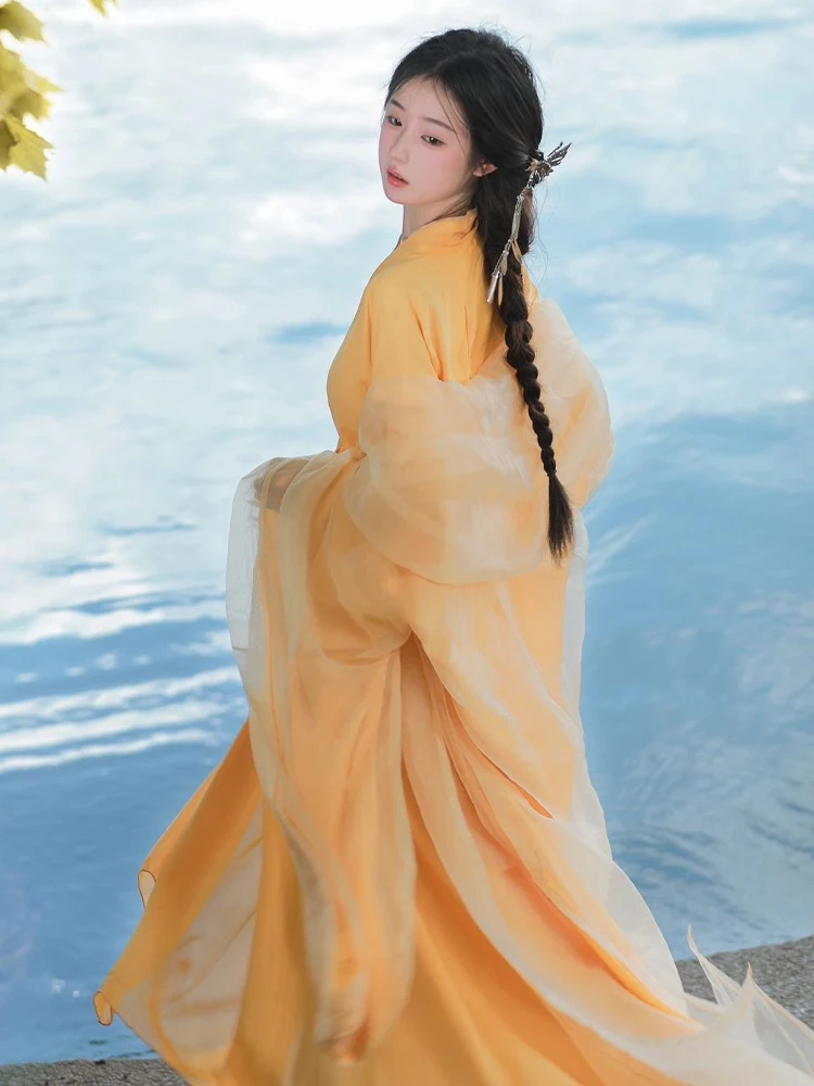 Hanfu Ancient Costume Chinese Style Cross-Collar Ruqun Yellow Dance Wide Sleeve