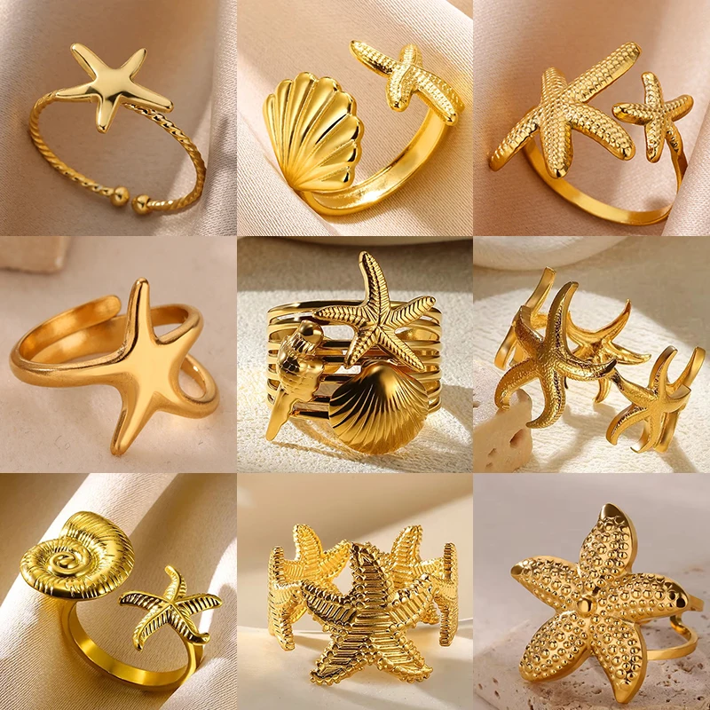 Stainless Steel Starfish Shell Rings For Women