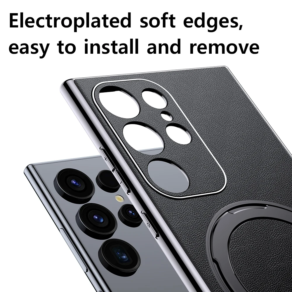 LANGSIDI Original Leather Wireless Magsafe Cover For Samsung Galaxy S24 Ultra s23 plus Military Shockproof Metal ring stand case